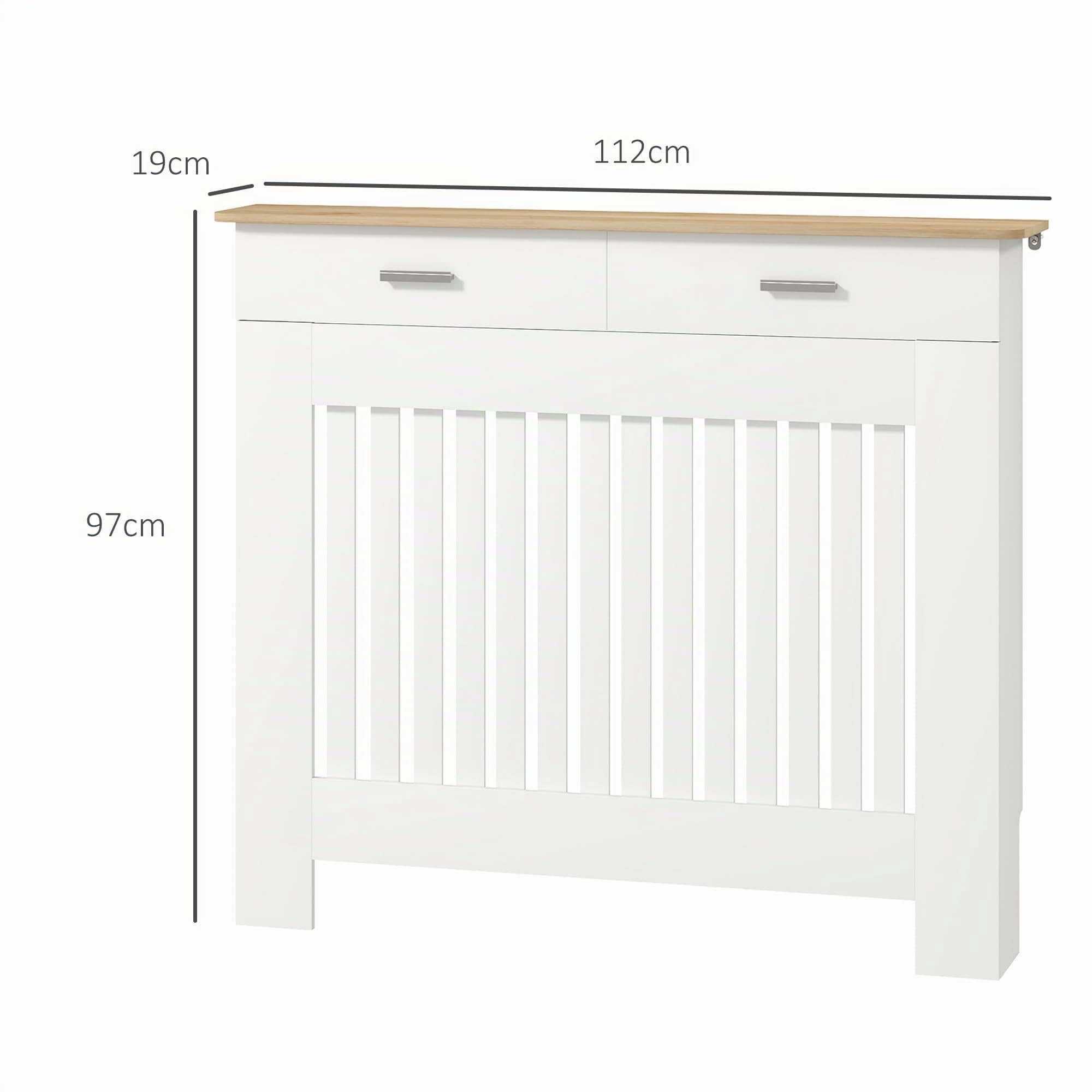 HOMCOM Cache-radiateur à lattes anti-inclinaison avec tiroir de rangement, Cache-radiateur en bois, 112x19x97 cm, Blanc
