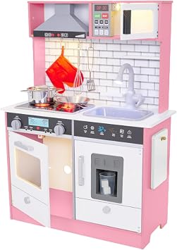 Lil Jumbl Kids Pink Small Kitchen Set, Pretend Wooden Play Kitchen, Includes Range Hood, Microwave, Stove Top, Oven that Make Realistic Sound & Light, Pots, Pan, Cutting Board & Utensils Included