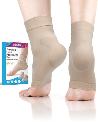 Achilles Tendonitis Heel Protector Socks, One Pair of Premium Padded Compression Gel Sleeve, Achilles Tendon Support Sleeve for Haglunds Bump, Tendonitis, Bursitis and Dry Cracked Beige