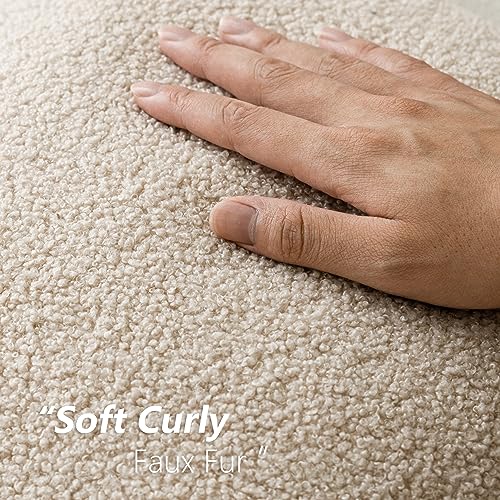 Image of Foindtower Pack of 2, Curly Faux Fur Decorative Throw Pillow Covers Soft Plush Cushion Case with Zipper Cozy Fluffy Boho Pillowcase for Home Living Room Couch Bed Sofa 18 x 18 Inch, Light Beige