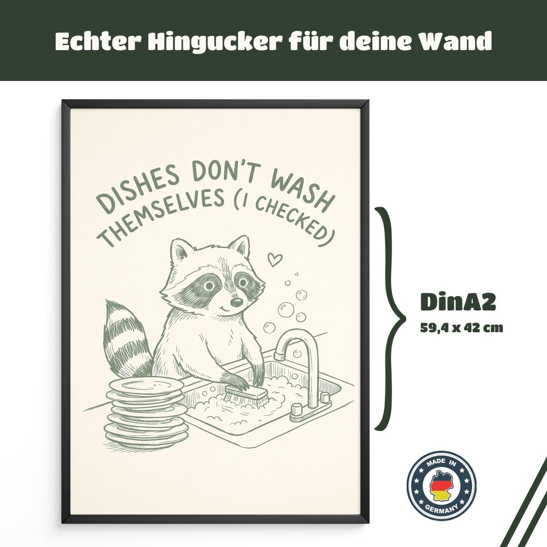 MJ-GRAPHICS® Poster Waschender Waschbär Kunstdruck humorvoll Wandbild Cartoon Stil minimalistisch Küche Deko lustig Tiermotiv Wanddeko Skizzenoptik Wohnzimmer A2 mit weißem Rahmen