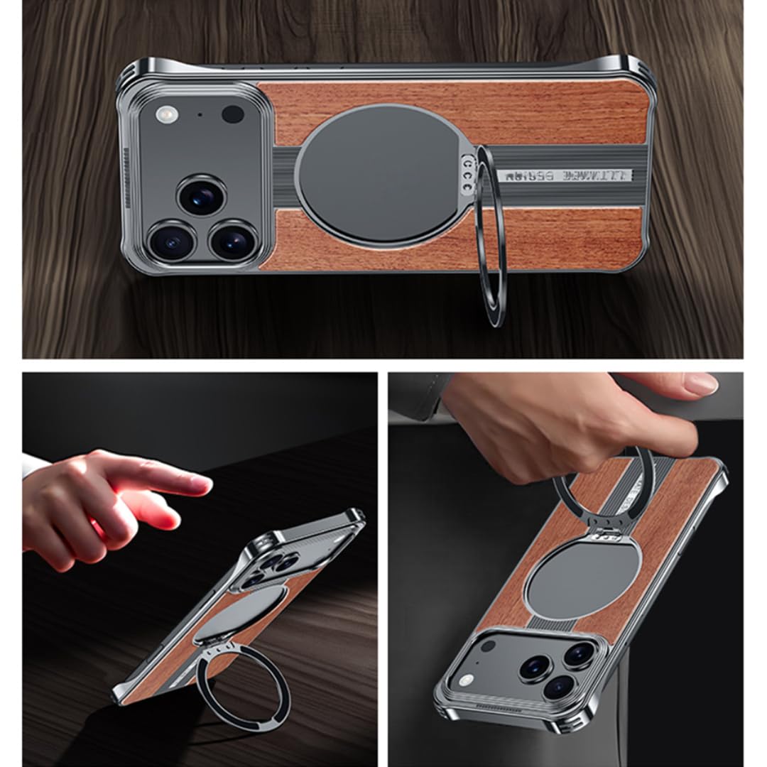 Etui magnetyczne do ładowania iPhone'a 17 Pro, bezramkowe, solidne, z metalową podstawką (do iPhone'a 17 Pro/drewno orzechowe)