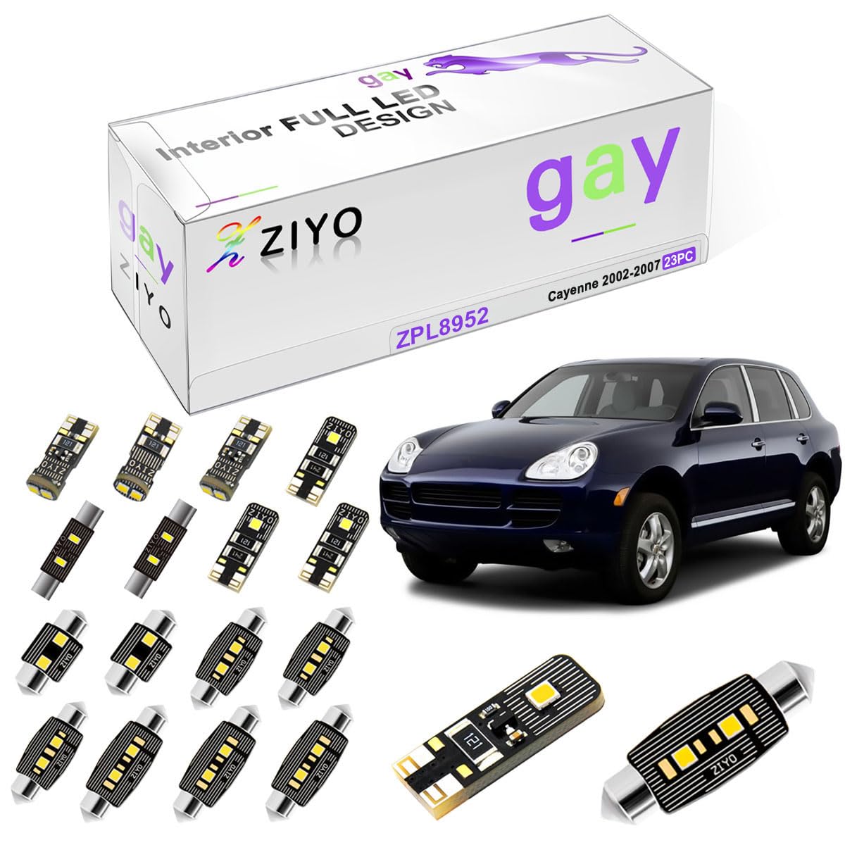 ZIYO ZPL8952 - (23 Bulbs) LED Interior Light Kit Replacement for Porsche Cayenne 955 2002-2007, 6000K Xenon White Dome Light Bulbs Upgrade Error Free