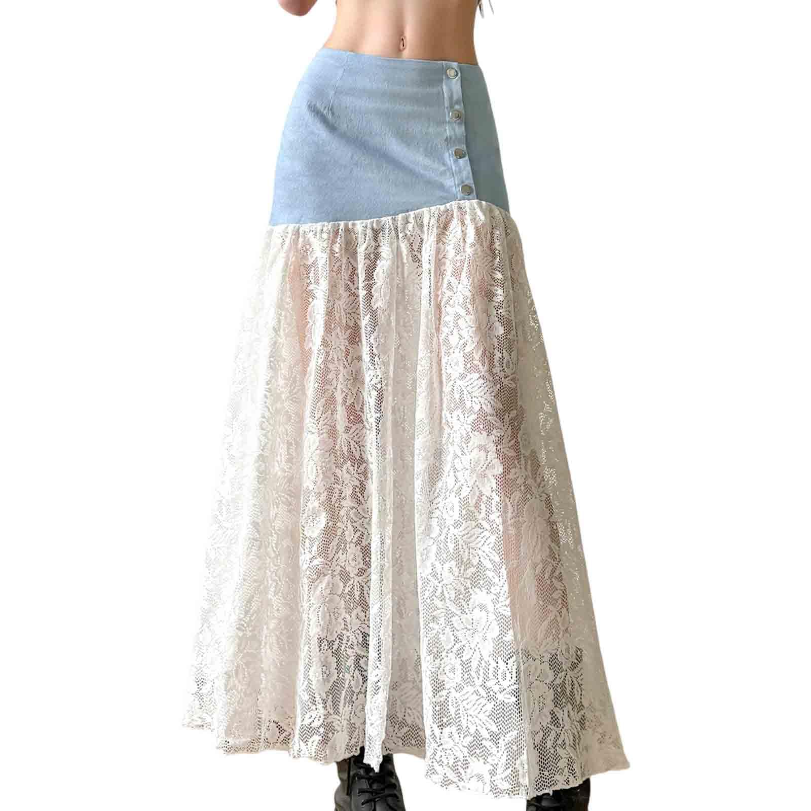 Womens Gentle Style Low Waist Buckle Denim Patchwork lace A-line Skirt Slimming Long Skirt