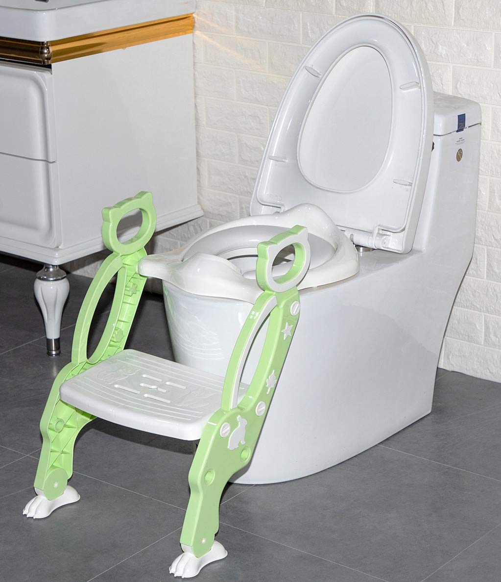 ZenmoraPotty Training Toilet Seat with Step Stool Ladder for Boy and Girl Baby Toddler Kid Children’s Toilet Training Seat Chair with Soft Padded Seat and Sturdy Non-Slip Wide Step (Green)
