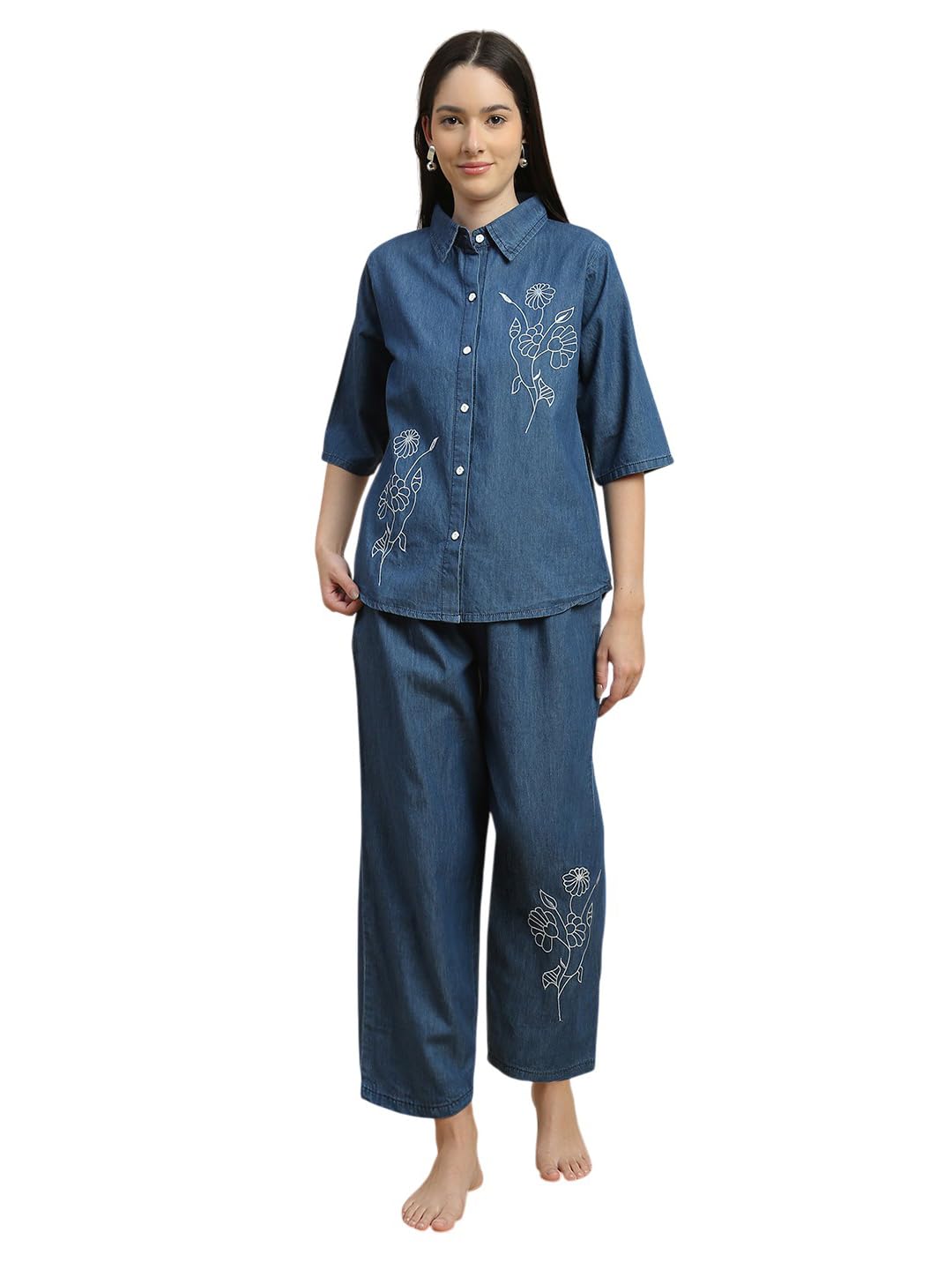 highgarden Stylish Cotton Denim Co-Ord Set for Women | Embroidered Top & Wide Leg Pant with Pockets | Collar Neck Shirt, 3/4th Sleeve | Pyjama Set | Elastic Pant Draw String | Western Denim Dress-picture-10