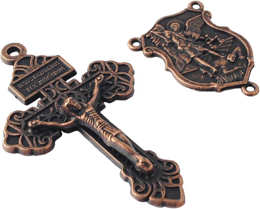 Antique Bronze Rosary Making Crucifix and Saint Michael Centerpiece Set, Ornate Catholic Cross with INRI, 5 Pack
