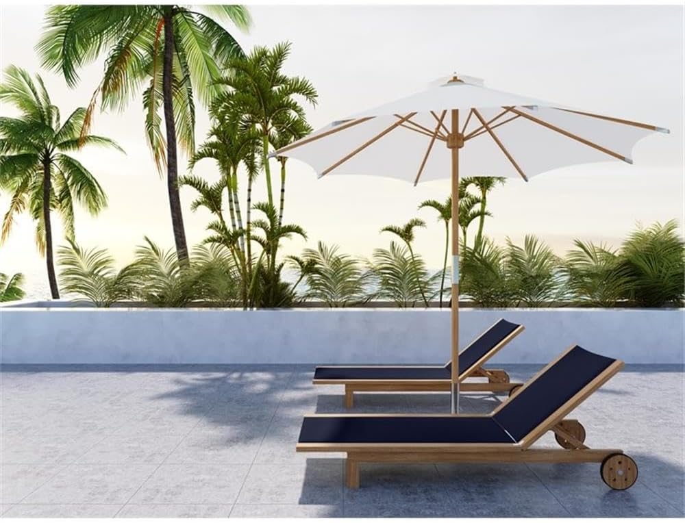 Pemberly Row Traditional Teak Outdoor Reclining Sunlounger, Blue Sling, Hand-Sanded Teak Frame, Durable Wheels, 22.75" Seat Width, 52" Depth, 13.75" Height, Luxury Patio or Pool Furniture