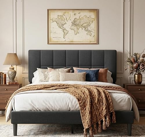 Amada Queen Bed Frame with Adjustable Headboard, Sturdy Upholstered Bed