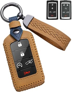 for Jeep Grand Cherokee L Key Fob Cover, Leather Case | Fits Grand Wagoneer 2021-2026; Crazy Horse leather + TPU for 3/4/5/6-button smart keys, Brown