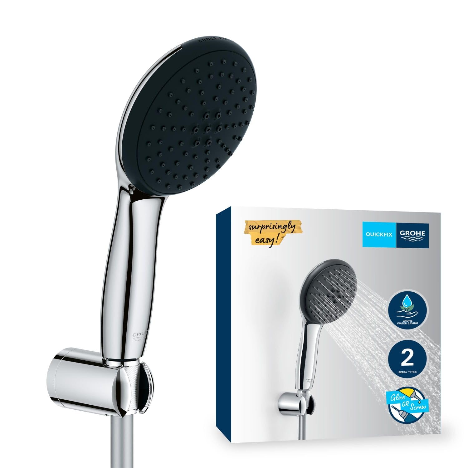 Grohe Chrome Vitalio Start 110 - Shower Set (Round 11 Cm Hand Shower 2 Sprays: Rain And Jet, Anti-Limescale System, Hose 1.75 M, Wall Holder, Water Saving), Easy To Fit With Quickglue, 27950001