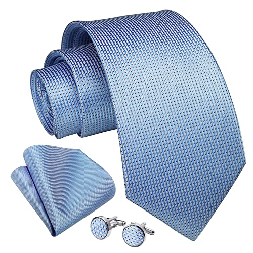 Enlision Light Blue Ties for Men Wedding Tie and Pocket Square Cufflink Set Mens Sky Blue Necktie Handkerchief for Wedding Party Business