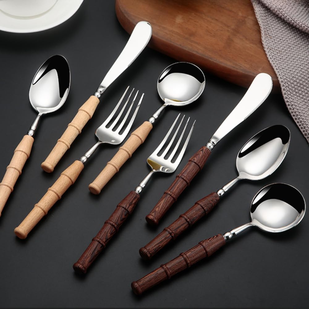 Vajilla de Cocina de Madera de Acero Inoxidable con Cubiertos, Incluye Cuchara, Cuchillo y Tenedor, Pulido Espejo (Color Claro, 16 Piezas)