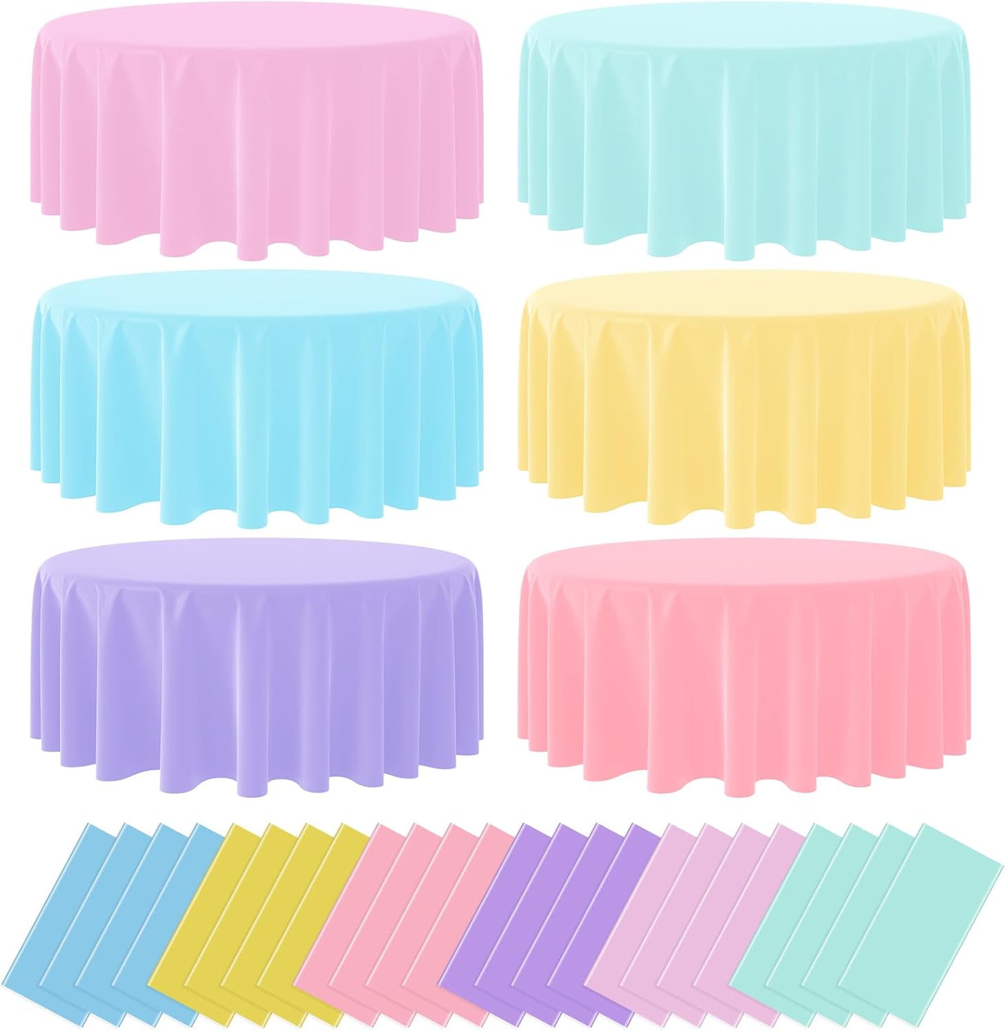 24Pack Round Pastel Color Tablecloths,Plastic Pastel Rainbow Tablecloth Disposable Round Table Covers for Baby Shower, Wedding,Girls Birthday Party and Ice Cream Party Decoration,6Color, 84 Inch