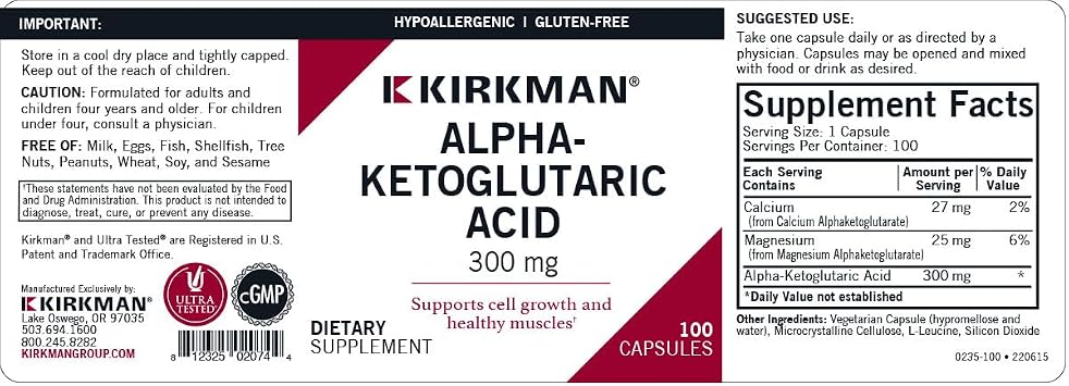 Kirkman Alpha-Ketoglutaric Acid 300 mg - Hypoallergenic | 100 Vegetarian Capsules