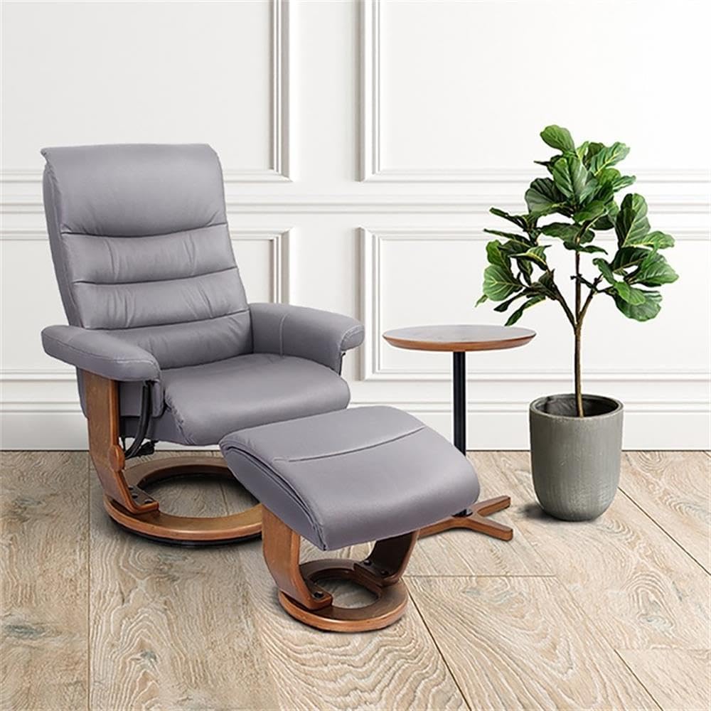 Pemberly Row Gray Swivel Recliner with Matching Ottoman, 31.9" W x 31.9" D x 40.4" H, Leather Look Fabric, Wood Base, 135° Recline, 360° Swivel, Ergonomic Design, Living Room Seating Set