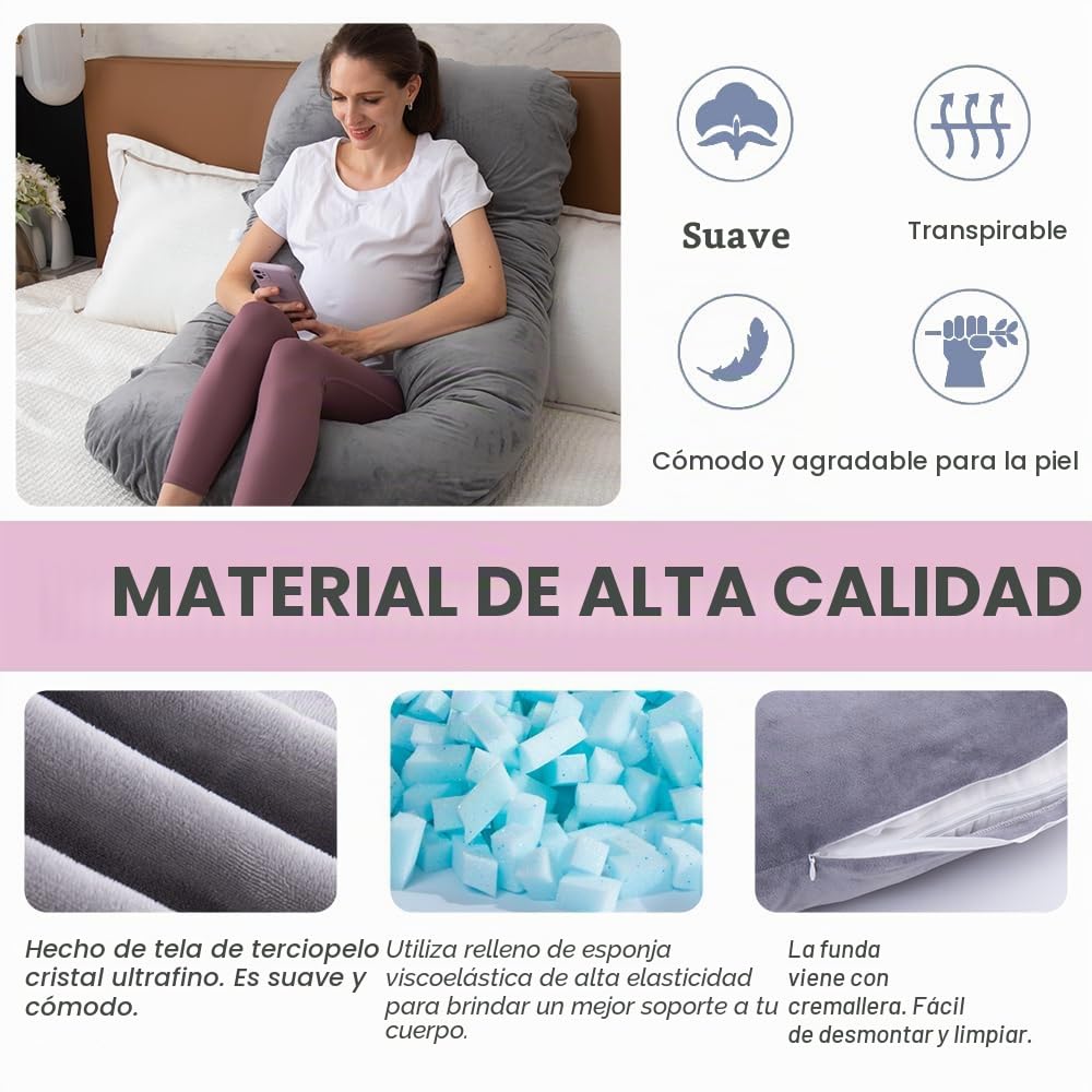 Almohada de embarazo de cuerpo completo en forma de U con funda extraíble para mujeres de maternidad, almohadas de embarazo para dormir, apoyo para espalda, piernas, vientre, almohada de
