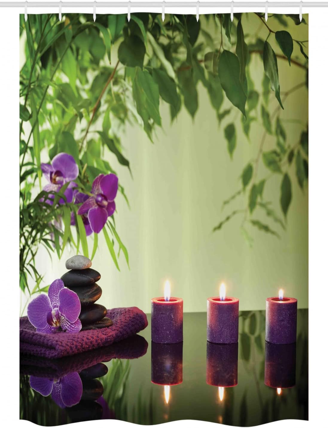 Ambesonne Spa Stall Shower Curtain, Stones Aromatic Candles and Orchids Blooms Treatment Vacation, Fabric Bathroom Decor Set with Hooks, 54" W x 78" L, Green Purple