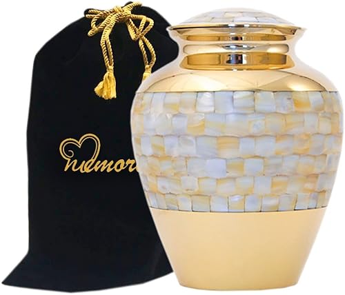 MEMORIALS 4U Elite Urna de cremación de nácar  Urna grande de madreperla para cenizas humanas  Latón macizo 100% hecho a mano Madre de perla Urna