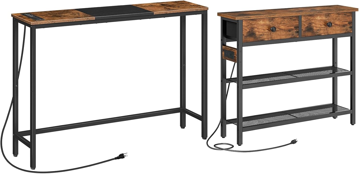 HOOBRO Narrow Console Table with Power Outlets, 44.9-Inch Sofa Table, 29.5" Narrow Console Table with Power Outlet, Small Entryway Table with 2 Fabric Drawers BF114UXG01-BF72UXG01