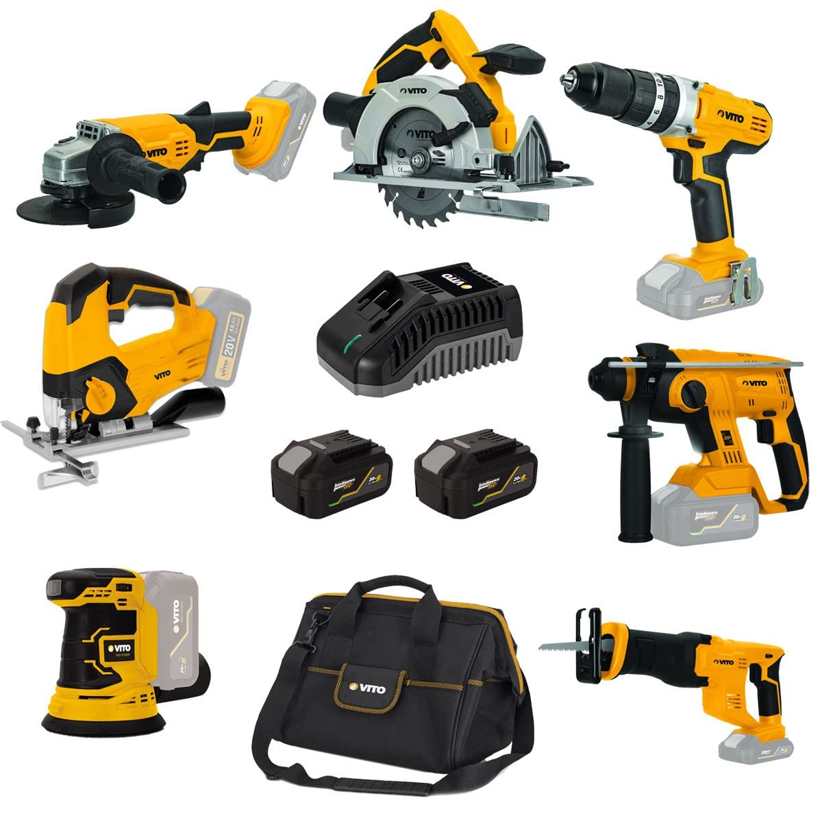 VITO - PACK 7 Outils sans fil 20V 2 Batteries lithium 4Ah + Chargeur rapide 20V + Sacoche à outils