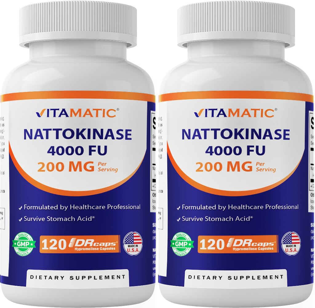 Vitamatic 2 Packs Nattokinase Supplement 4,000 FU Servings, 120 Delayed Released Capsules - Survives Stomach Acids - Non-GMO & Gluten Free - Made in the USA