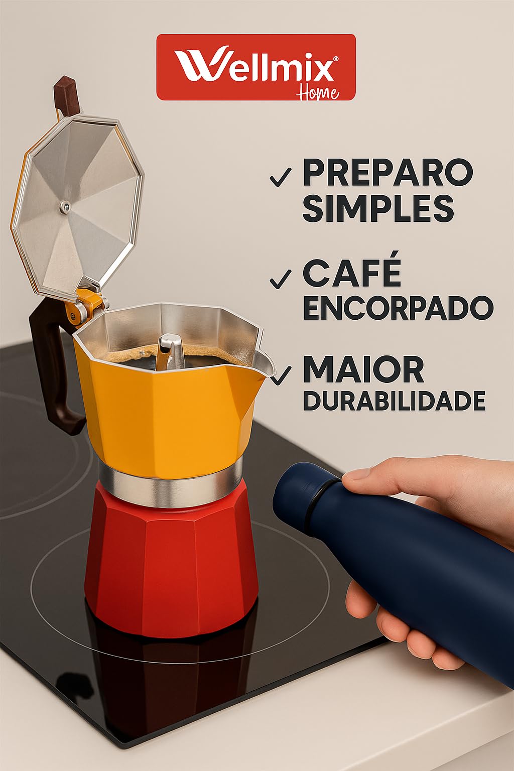 Cafeteira Italiana de Metal 6 Xícaras Moka Amarelo e Vermelho
