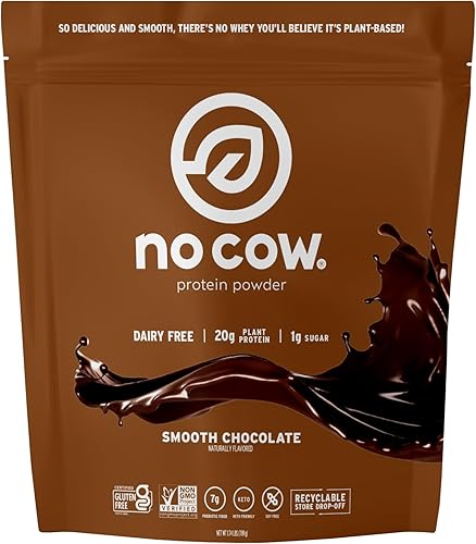 No Cow Proteína vegana en polvo, chocolate, 0.71 oz de proteína a base de plantas, bolsa reciclable, sin lácteos, sin soja, sin azúcar añadido, apto