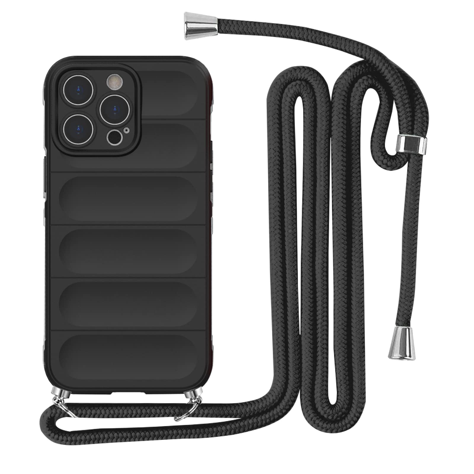 iPhone 14 Pro 用 ケース 耐衝撃 肩掛け 斜めかけ 首掛け 縄掛け カバー iPhone14 Pro スマホケース シリコン TPU ストラップ付き 軽量 指紋防止 滑り止め 落下防止 衝撃吸収 ワイヤレス充電対応 6.1インチ アイフォン14 Pro 用カバー【縄掛け-ブラック】