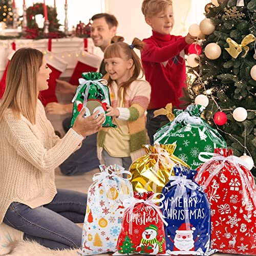 Superlele Christmas Drawstring Gift Bags 32Pcs Assorted Sizes Christmas Bags Foil Wrapping Sacks Pouches Santa Goody Bags In 4 Sizes And 7 Designs For Xmas Holiday Presents Party Favor #TOP5