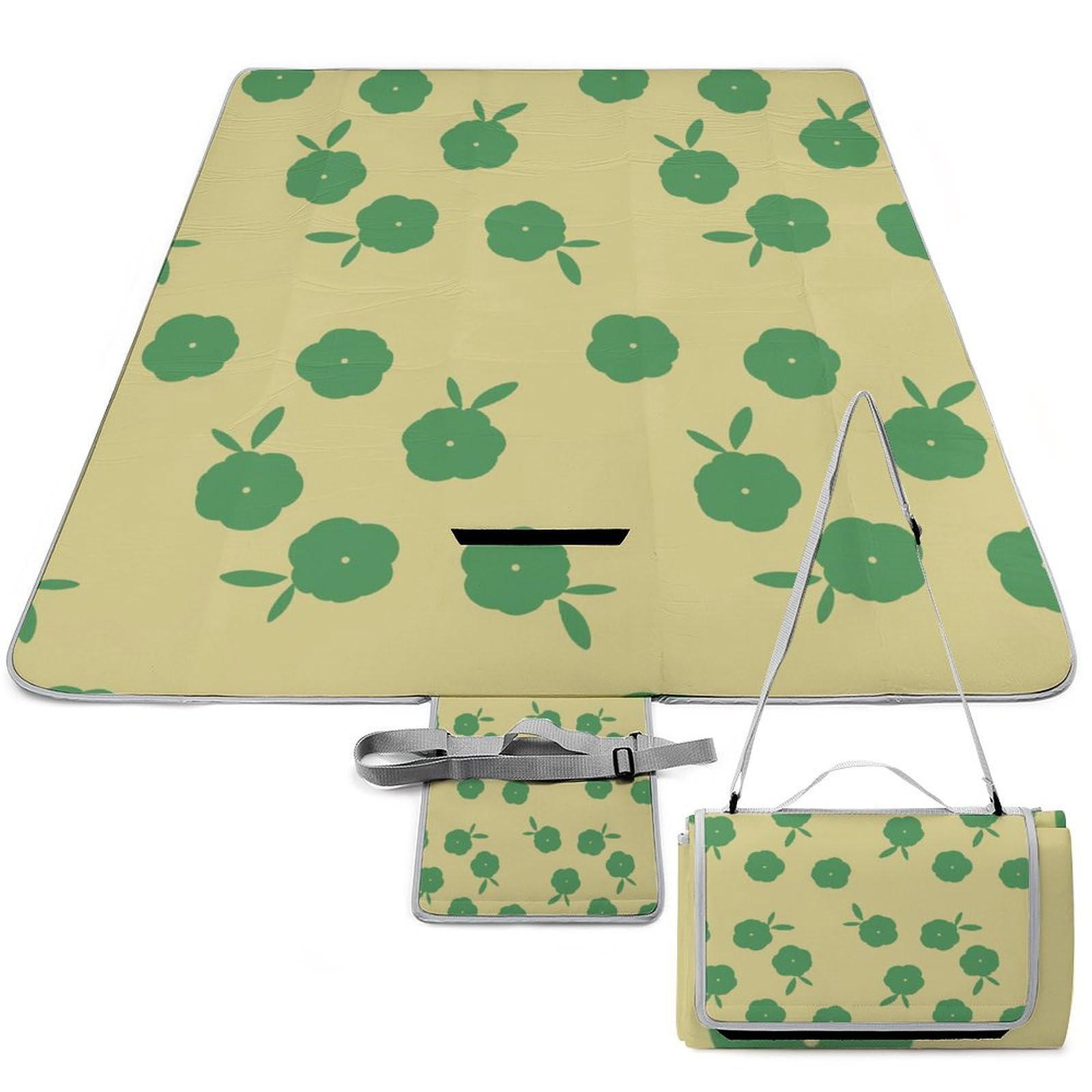 3D Impression Fleurs-Green-Repeat-Yellow-Small Couverture Pique Nique Tapis Pique Nique Nappe Picnic Couverture De Pique-Nique pour Le Voyage, Le Camping, Les Vacances, Etc 148x148cm