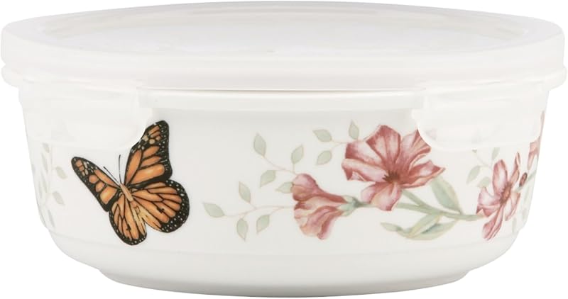 Lenox Butterfly Meadow Porcelain Serve and Store Bowl, 20oz | includes lid, dishwasher safe, microwave safe | doubles as storage container | 20oz, gift for women, bowls