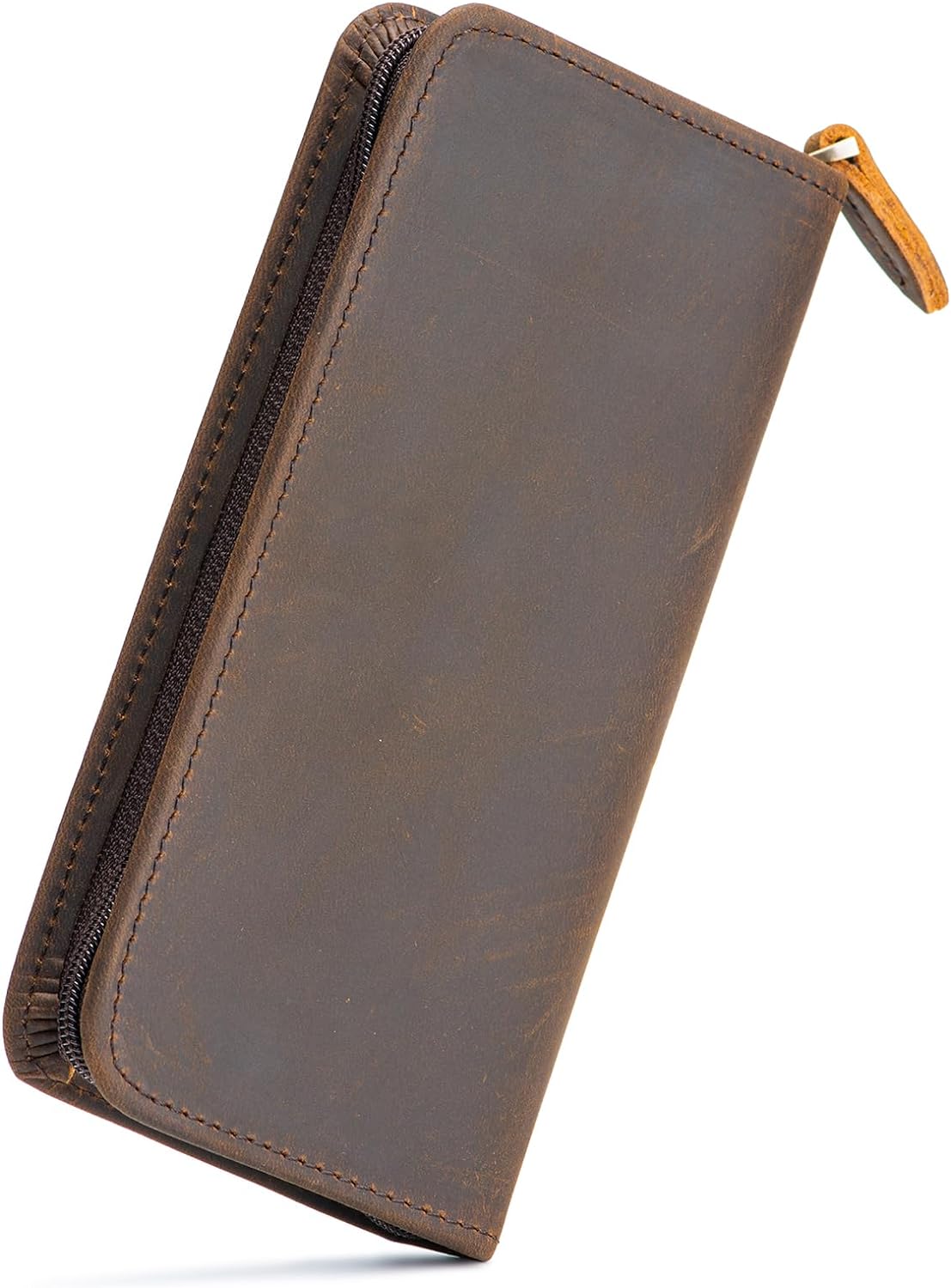 Asvine Fountain Pen Case 3 Divided Slots Crazy Horse Leather Pen Holder, Handmade Display Zippered Pouch for Rollerball Pen-Retro