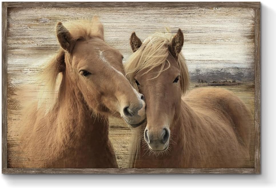 TAR TAR STUDIO Western Brown Horse Wooden Art: Large Framed Rustic Pictures Farmhouse Wild Animal Painting Vintage Prints for Bedroom Bathroom Living Room