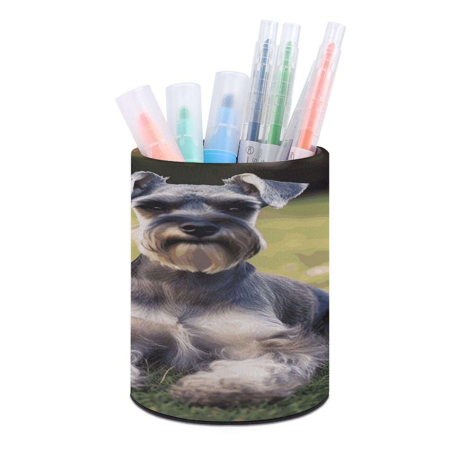 FekiLoot Adult Schnauzer Dogs Pen Holder Cup Fashion PU Leather Pencil Cup Minimalist Pen Organizer Round Pencil Holder Stand Work Locker Accessories for Decoration Desk Office Home