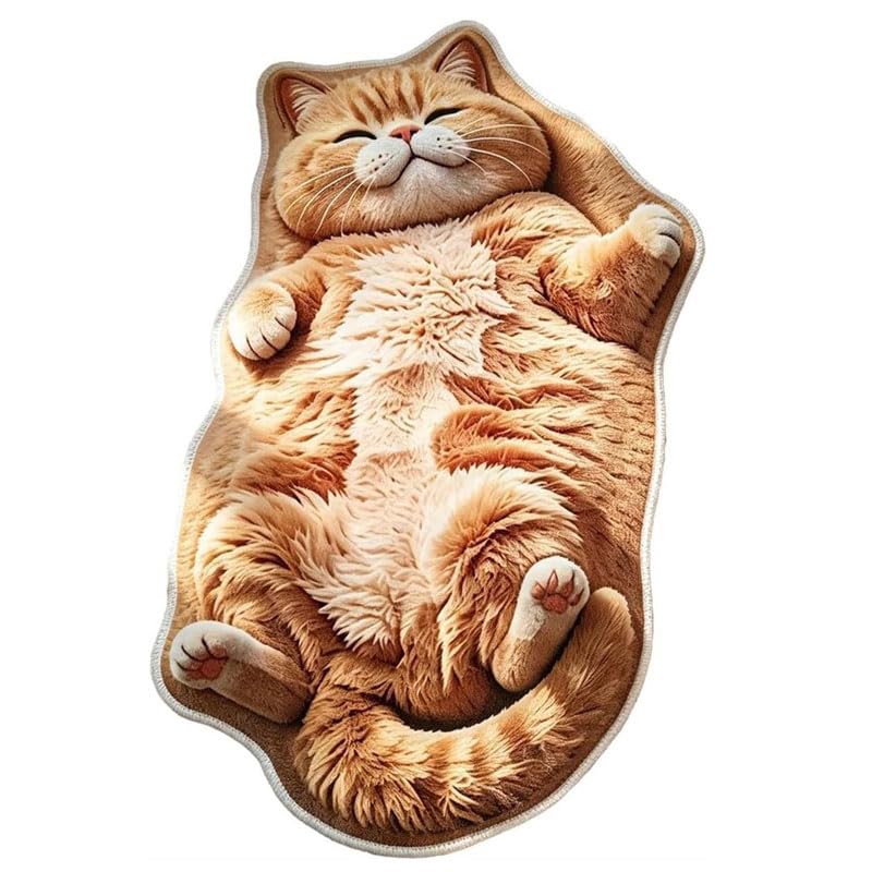 Glyntheum Cute Fluffy Cat Shaped Rug, Non-Slip Washable Faux Shaggy Floor Mat, Soft Animal Rug for Bathroom Bedroom Nursery Home Decor, Gift for Cat Lovers, Orange