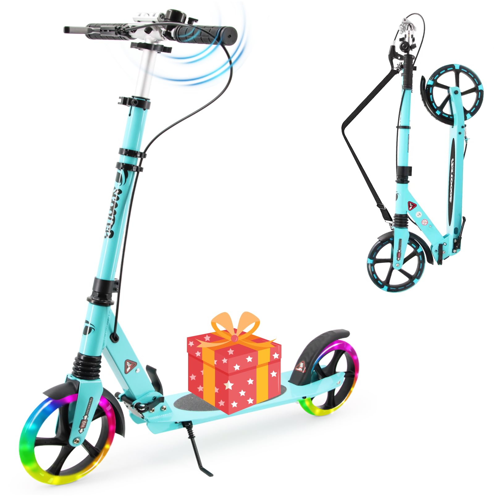 Scooter for Kids Ages 8+ Teens & Adults, Lightweight Kick Scooter with Carry Strap Adjustable Height Equipped with Front handbrake and Rear Brake, Big