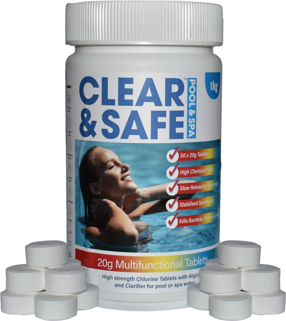 Clear & Safe 1kg Multifunction Chlorine Tablets 5-in-1 for use in Floating Dispensers in Pools, Spas & Hot Tubs, 50 x 20g Tablets