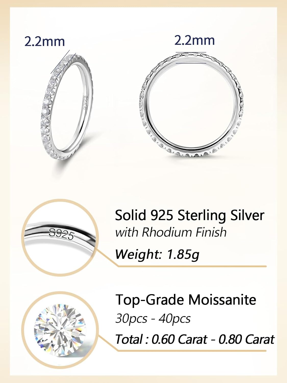 CYW Moissanite Sapphire Ruby Emerald Hand Setting Full Eternity Rings for Women, Solid 925 Sterling Silver, Stackable Ring, Wedding Birthday Valentines Anniversary Mothers Day Ideal Gift for Her