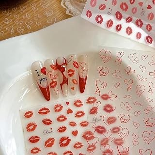 Valentines Red Kisses Heart Nail Art Stickers Decals Romantic Red Heart 3D Self-Adhesive Valentines Kiss Hearts Nail Design Stickers Valentine Hearts Kisses Lips Nail Decals for Women DIY Manicure