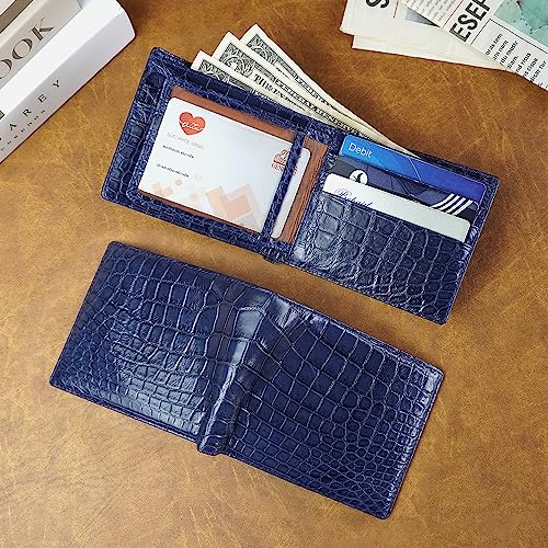 Image of HATA Navy Blue Exotic Bifold Leather Wallet for Men, Double-Side Leather Wallet with RFID Blocking & ID Window Credit Card Holder, Handmade Gift for Birthday, Anniversary, Father's Day VIBE-44