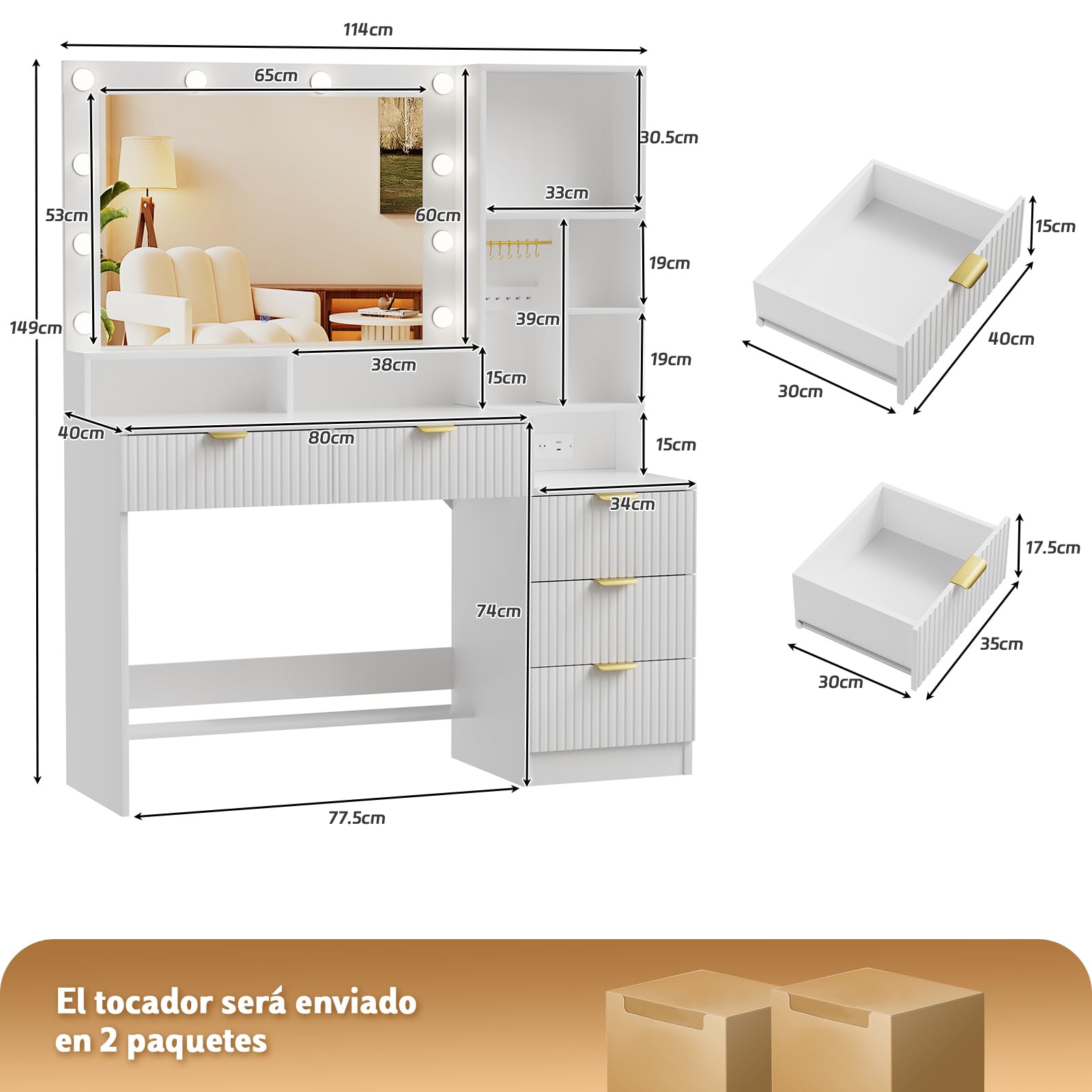 Airfish Tocador de Maquillaje con Espejo y Luz LED, Mesa de Maquillaje Grande con Enchufes, 12 Ganchos para Joyas y 5 Cajones, Tocador con Estantes Abiertos para Dormitorio, Moderno (Blanco)