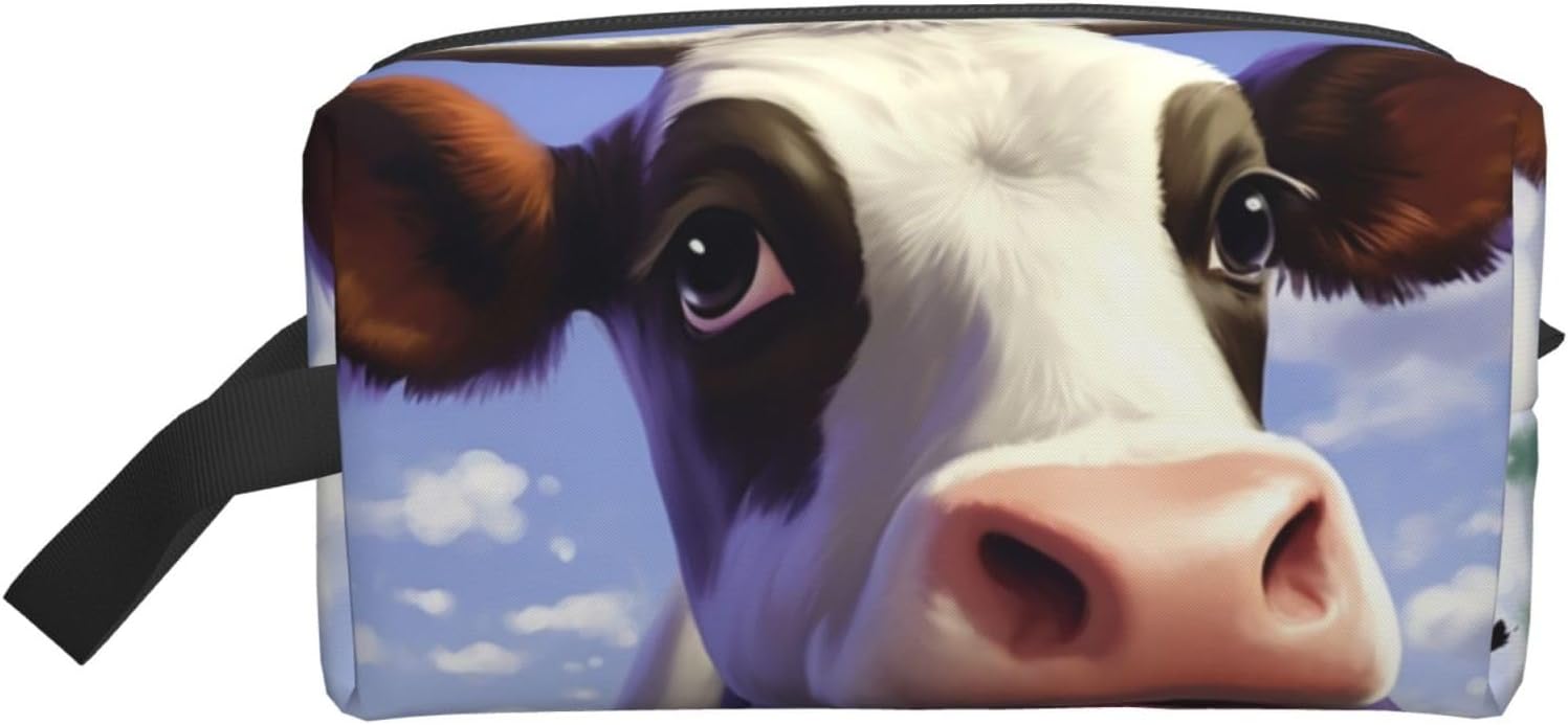Travel Toiletry Bag for Women Men Leather Makeup Bag Large Portable Travel Organizer Cute Cow Cosmetic Bag with Hanging Hook Travel Bathroom Bag Zipper Pouch Purse