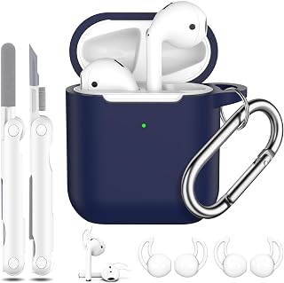 R-fun AirPods 2nd Generation & 1st Generation Case Cover with Cleaner kit and Earbuds Hook Cover (2Pairs),Soft Silicone Protective Case for Apple AirPods- Midnight blue