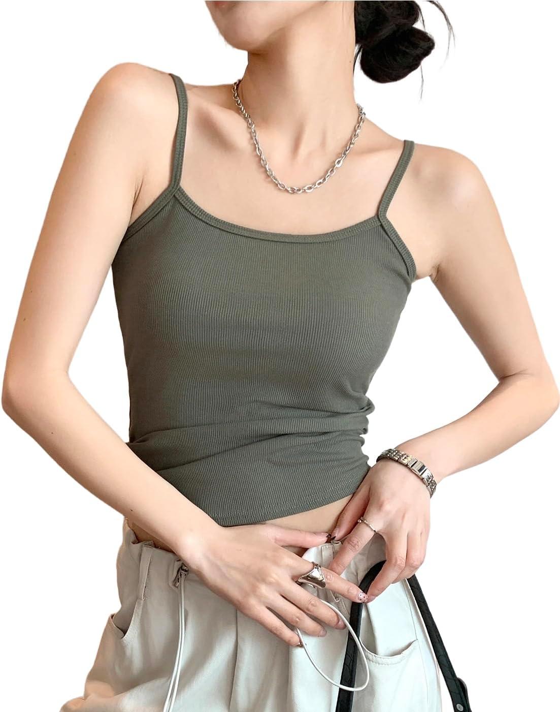 SINROYEE Women's Sleeveless Spaghetti Strap Tank Top Scoop Neck Ribbed Knit Form Fitting Basic Cami Shirts