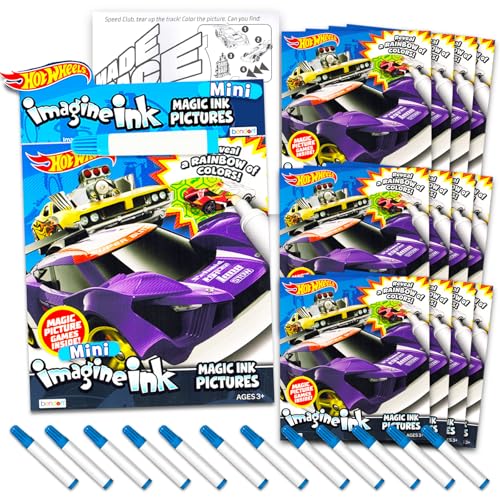 Hot Wheels Imagine Ink - Set di libri da colorare per bambini, confezione da 12 inchiostri magici No-Mess con adesivi Rex-Man e gancio per porta (confezione Hot Wheels per feste, bomboniere)