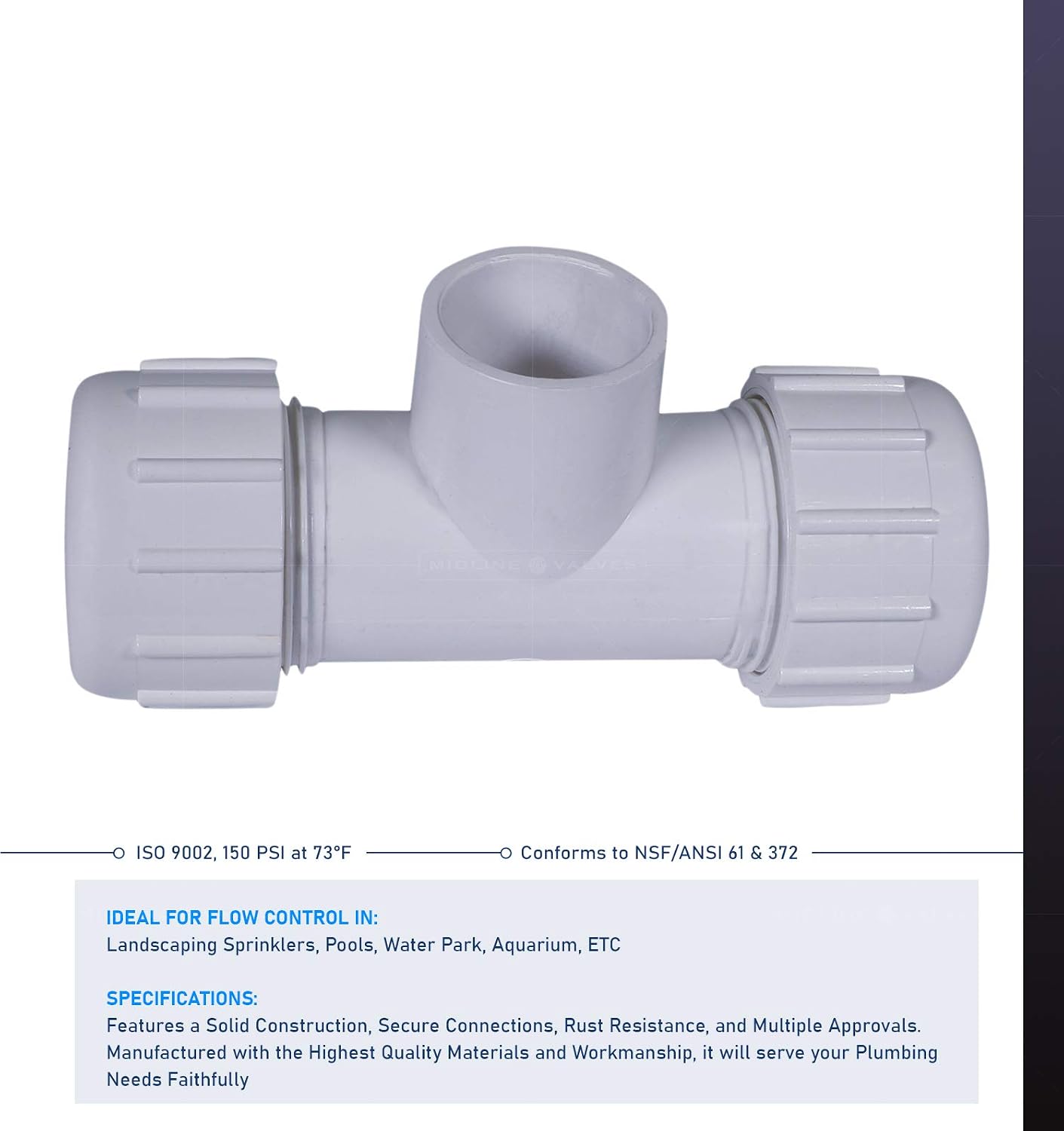 Midline Valve 597DU114 PVC Compression Tee Pipe Fitting with Solvent Branch; 1-1/4''; White Plastic