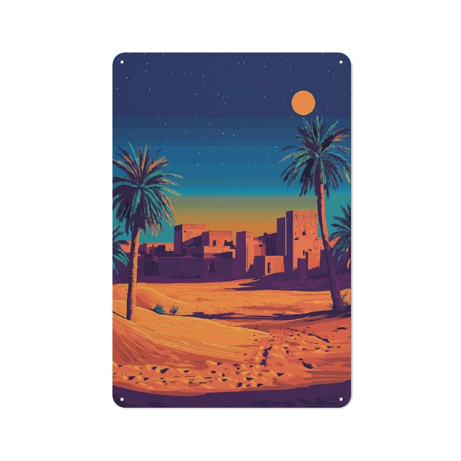 Junmoney Style-22 Desert Oasis Night Scene Illustration Retro Tin Wall Plaque 30X20cm For Home Office Or Studio, For Cooler-Month Interiors With Retro Character