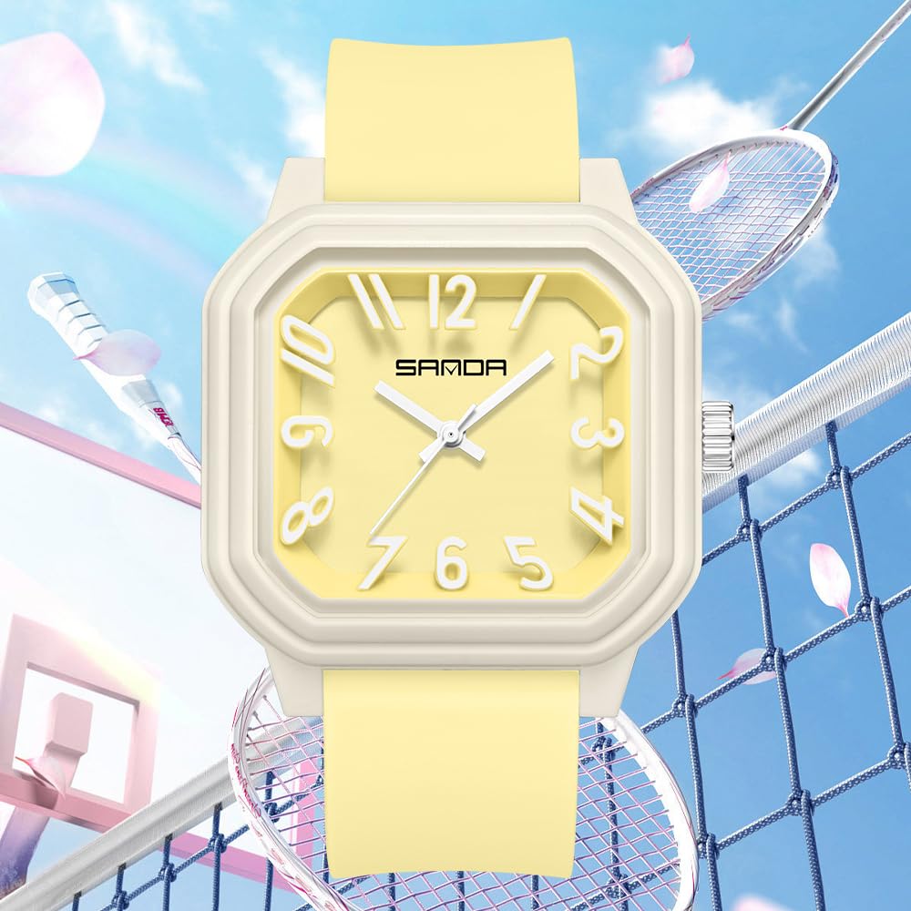 Gosasa Reloj de Cuarzo para Mujer, números arábigos Grandes, fácil de Leer, Esfera Cuadrada, analógico, Correa de Silicona Colorida, Reloj de Pulsera Casual para Mujer
