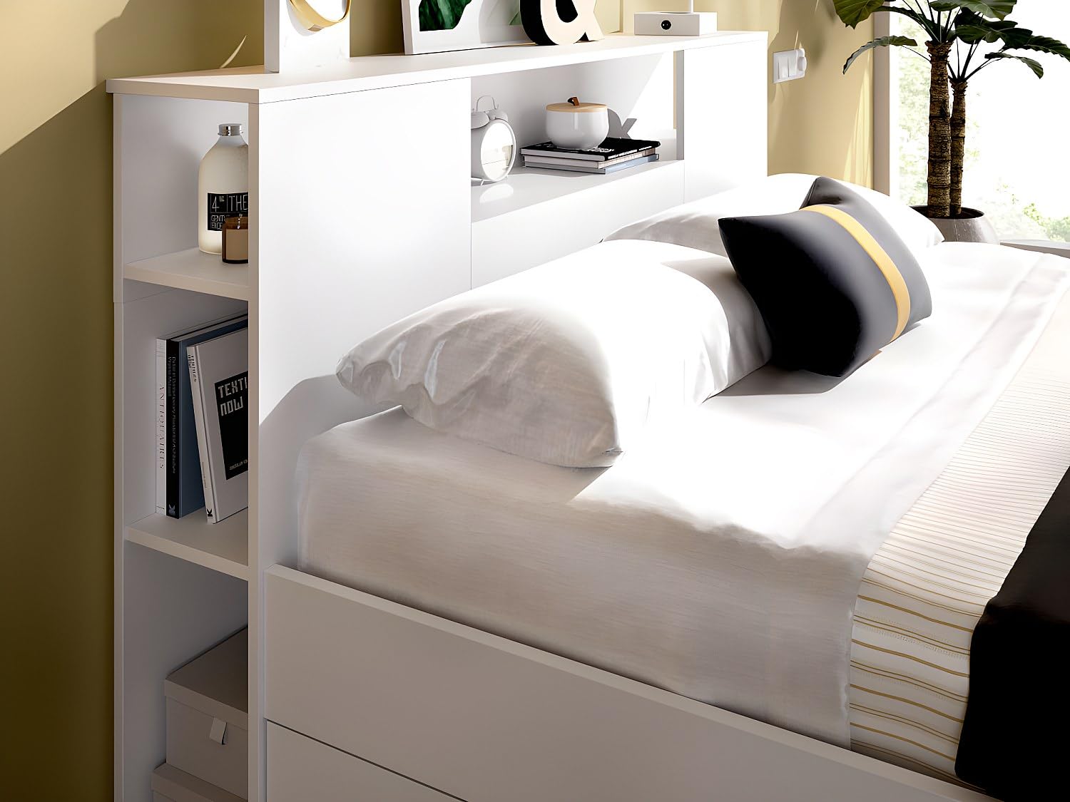 DEKIT GRUPO RIMOBEL LANKA - Cama de matrimonio con almacenaje en cabecero y bajo cama - Blanco - 95x149x218 cm